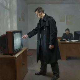 dark oil realistic painting a boss in a black trench coat switches off the television in a soviet office, oppressive atmosphere