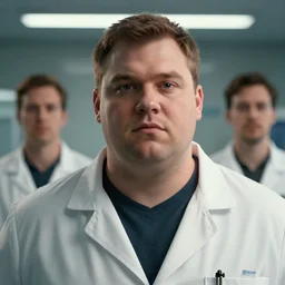 a cinematic shot of chubby clean-shaven white man wearing a lab coat, face, octane render, volumetric lighting, nvidia raytracing demo, by Andy Thomas, Mario Martinez, Daniel Mirante, Gustave Dore, Artstation, CGsociety, masterpiece