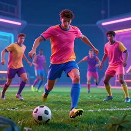 soccer, futuristic, high def, realistic people, neon colours, high saturation,