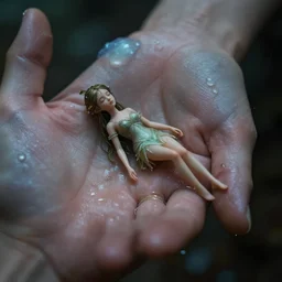 a tiny fairy body lays lifeless in the palm of a hand, raindrops, dramatic lighting, cinematic, establishing shot, extremely high detail, foto realistic, cinematic lighting, post processed, concept art, artstation,