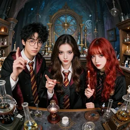 Three friends working in a magic laboratory, one of the friends is a young man with black hair and round glasses, the second friend is a beautiful young woman with brunette hair, the third friend is a cute goth girl with red hair without glasses, wide angle photography, highly detailed and intricate, magical lab setting, high resolution photograph