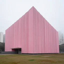 parametric architecture museum, facade in faded pink fabric, sao paulo, in the background morning fog, wide camera angle