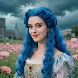 close up portrait of queen, vibing, regal dress, soft smile, blue long haired elegant model, female, by greg rutkowski, storm clouds, poppies, in fantasy city, teal and pink color palette, annie liebovitz, preraphaelite, detailed c
