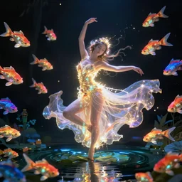 ethereal glowing goddess dancing on a pond surrounded by colorful glowing flying fish at night cinematic