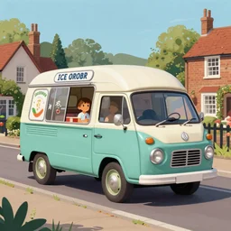 digital matte glossy painting nostalgic 1 9 5 0 s ice cream van and village britain, detailed in the style of trevor mitchell