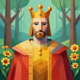 a colour portrait of a king, a geometrical matte painting, background with 🌳🌻🌷 in the style of mc escher and h. r. giger, full colour, symmetrical, 8 k, unreal engine, trending on artstation,