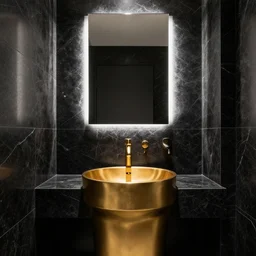 bathroom, black marble tiles with small white veins, gold sink designed by zaha hadid, backlit mirror