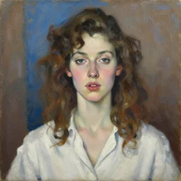 expressive medium shot portrait of a pale sexy young 9 0 s model woman with curly brown hair, big lips, wearing a white shirt, blue and brown background, oil painting, impasto, muted colors, artwork by lucian freud, arnold bocklin, ossip zadnike