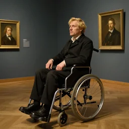 a blonde man sitting in a wheelchair pondering about life, portrait of til seitz in the style of rembrandt, rembrandt exhibition, 4 k high definition, masterpiece