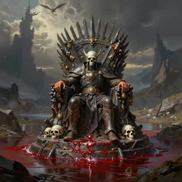 Warhammer fantasy painting of Elmo sitting on the Skull Throne surrounded by a lake of blood.