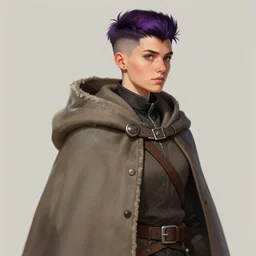 milt kahl sketch of rugged girl, adventurer large cloak, dnd fantasy, undercut hairstyle, short purple to black fade hair