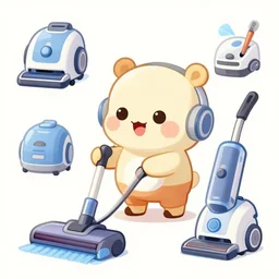 concept sheet of cute vacuum cleaner cartoon character for kids, assisting a concept machine, black background, big eyes, big eyes, simple smooth shapes and forms, assisting a concept machine, family friendly, digital painting, alejandro alvarez alena aenami, by carel willink and gregory crewdson, by thomas kinkade