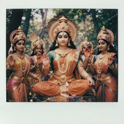 matte close - up portrait of beautiful and smart hindu gods who assemble in the forest backlighting, traditional decoration, elegant, loin cloth, highly detailed, 8 k, cinematic lighting, global illumination, ornate, super detailed, faded color polaroid, a colorized photo, colorized, # film, movie still