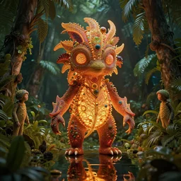 tropical fruit creature in a lush trunda vegetation, water reflection, night, backlit, warm tones, bioluminescent : by michal karcz, daniel merriam, victo ngai and guillermo del toro : ornate, dynamic, particulate, intricate, elegant, highly detailed, centered, artstation, smooth, sharp focus, octane render, 3 d