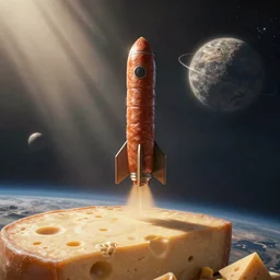 a sausage rocket lands on a cheese planet