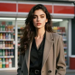 a stylish woman standing in front of a convenience store by Ismail Inceoglu