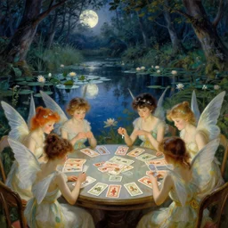 a group of gracious winged fairies playing cards on a table in an atmospheric moonlit forest next to a beautiful pond filled with water lilies, artwork by ida rentoul outhwaite