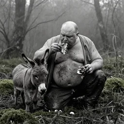 1 9 7 0 s movie still by tarkovsky of one giant obese old bald man eating meat in dirty clothes with one tiny donkey in a mossy swamp, cinestill 8 0 0 t 3 5 mm b & w, heavy grain, high quality, noir, natural textures, photorealistic, ambient occlusion, hd, mud, fog, criterion collection, by sebastao sal