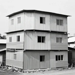 stacked houses made of corrugated metal, 3 5 mm photography