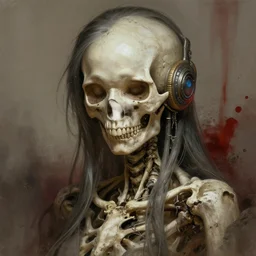 stunning cyberpunk goddess of skull portrait, bones, skull, dirt, bloody background fantasy, intricate, elegant, highly detailed, digital painting, artstation, concept art, smooth, sharp focus, illustration, art by afshar petros and krenz cushart and artem demura