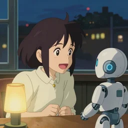 anime fine details portrait of joyful school girl talk with robot in her room at the table, evening, lamp, lo-fi, open window, dark city landscape on the background deep bokeh, profile close-up view, anime masterpiece by Studio Ghibli. 8k, sharp high quality anime