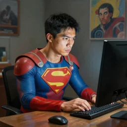 an insanely detailed and realistic painting of an asian man wearing a homemade superhero costume, sitting at a desk, staring seriously at the computer and typing, in the style of peter mohrbacher, james jean, artgerm, dramatic lighting and composition, surreal background, octane render, pixar, trending on artstation, concept art, comic book, 8 k