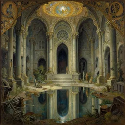 a beautiful intricate painting of a abandoned dungeon, reflections, very high details by william turner art, greg rutkowski and alphonse mucha, trending on artstation, very very detailed, masterpiece,