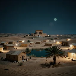 Desert City, Small houses, large temples, a small oasis, a small palm trees; night; dramatic, octane render, long lens, shallow depth of field, bokeh, anamorphic lens flare, 8k, hyper detailed, 35mm film grain