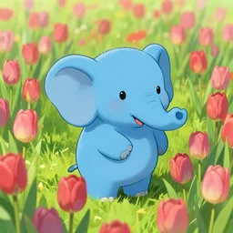 a little blue elephant on a field of tulips, anime art, high resolution 4 k, art by greg rutkowski