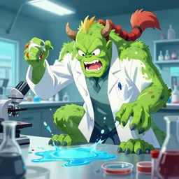a mad scientist mutating into a monster because of spilled chemicals in the laboratory, wlop, trending on artstation, deviantart, anime key visual, official media, professional art, 8 k uhd