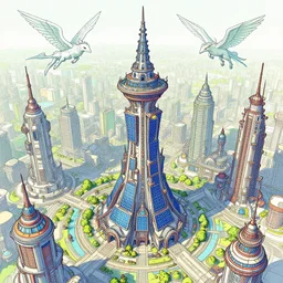 aerial view of futuristic solar punk wizard tower surrounded by futuristic neo solar punk and steam punk sky scraper buildings with magical sky beasts, flaying around lineart, colored