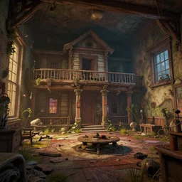the interior of an american house, style artstation, style greg rutkowsk, comic art book,, octane render, unreal engine 6, epic game graphics, fantasy, post - apocaliptic