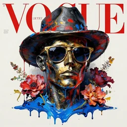 a head made out of melting metal, it is of black and golden and red color, it is wearing sunglasses and a hat, there are flowers all around it, blue paint melting, vogue cover style, greg rutkowski style, demonic style, impasto style, paint drip style, artgerm style, basquiat style