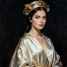 body portrait of rachel weisz wearing a flowing silk robe, wearing an ornate ancient headress, by terry o'neill intricate, elegant, highly detailed, digital painting, artstation, concept art, smooth, sharp focus, bold lighting, deep colors, dark background, illustration, art by artgerm and greg rutkowski and alphonse mucha, 8 k,