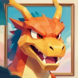 detailed in - frame illustration of a oni demon as a charizard face, matte painting concept art illustration, airbrush colorful wonderland, 4 k trending on artstation, low poly, digital 2 d, made in affinity designer, cryengine