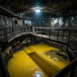 photo of an underground waste facility, dark gloomy lighting, metal catwalks over yellow pools of sludge