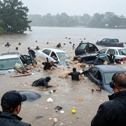 a disaster bliblical flood with crowds drowning and people being swept away and crashing into floating cars and floating debris, wood planks, small containers and trash everywhere, katrina, reporter, live footage, wide angle view, photographic, 3 5 mm lens, heavy rain, rainy day, droplets on lens