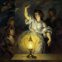 genie rising from the lamp by jacques - louis david, by greg rutkowski, by zdzisław beksinski, by josep tapiro baro, trending on artstation, featured on pixiv, masterpiece, oil on canvas, cinematic composition, dynamic beautiful lighting,