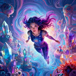 cosmic girl hovers over mythical crystal city, psychedelic waves, synthwave, bright neon colors, highly detailed, cinematic, eyvind earle, tim white, philippe druillet, roger dean, ernst haeckel, lisa frank, aubrey beardsley