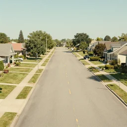 Grainy photograph of a liminal middle class American suburb, clean, empty street, broad daylight, noisy filter, octane render, 3d render, flat lighting