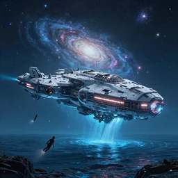 a giant glowing spaceship in the ocean, humans swimming, galaxy, hyper realistic, epic lighting, cyberpunk, wide angle lens