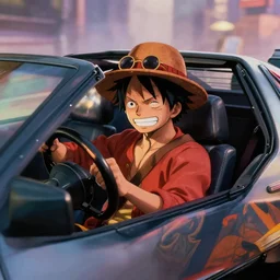 still of Luffy from One Piece inside the DeLorean in the Back to the Future movie (1983)