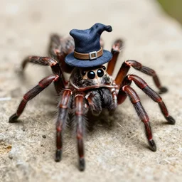 a micro photo of spider with a hat, amazing lighting, hyper realistic