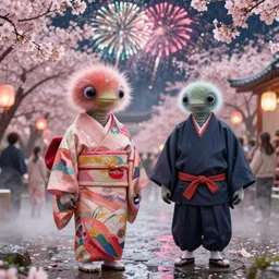 a beautiful fashion japanese tardigrade wearing a flashy kimono and a handsome japan tardigrade wearing a jinbei at a fireworks sakura festival | | sunny, dreamlike art, mist, realistic shaded, rainy, fine details, 4 k realistic, cryengine, realistic shaded lighting poster by greg rutkowski, magali villeneuve, artgerm, jeremy lipkin and michael garmash and rob rey