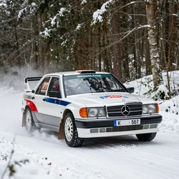a 1 9 9 0 mercedes - benz 1 9 0 e evolution ii 2. 5 - 1 6, racing through a rally stage in a snowy forest