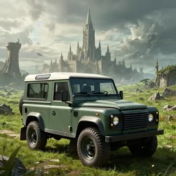 Land Rover Defender 110 (1985), an epic fantasy, dramatic lighting, cinematic, establishing shot, extremely high detail, photorealistic, cinematic lighting, artstation, by simon stalenhag, The Elder Scrolls IV: Oblivion, Green Cyrodiil plains, Imperial City with the Adamantine Tower in the middle in the distance, at day