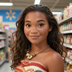 photorealistic photograph portrait of moana from disney, in walmart