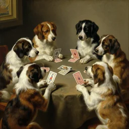 a painting of four dogs playing cards at a table, a fine art painting by karel dujardin, featured on cgsociety, american realism, flemish baroque, dutch golden age, fine art
