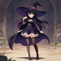 young witch, checked stockings, short dress, huge hat, full bodyshot, anime, art by miaormoa