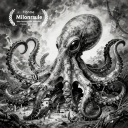 detailed intricate black and white illustration of an alien octopus
